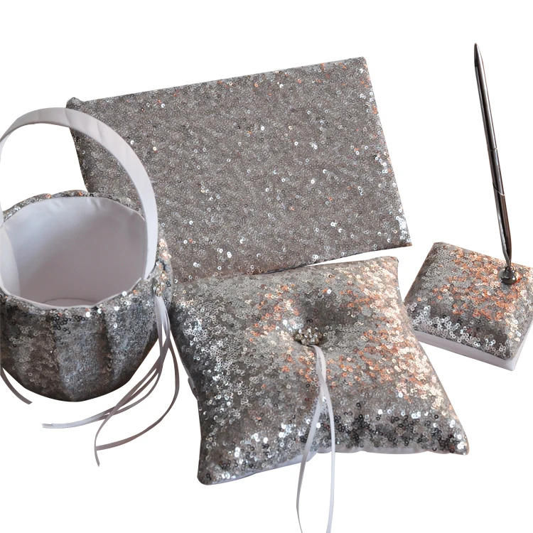 Shiny Sequins Wedding set Glitter Wedding Guest Book Pen Set Ring Bearer Pillow Rhinestone Decor Wedding Party collection
