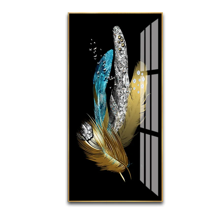 Wholesale Framed Wall Art Premium Feather decorative picture Artwork Crystal Porcelain Painting For Living Room