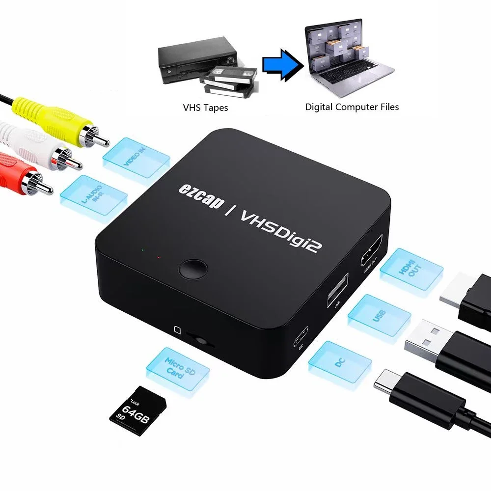 Analog Video Recorder AV Capture VHS To Digital Converter Video Tapes Transfers to Digital Format USB SD Hi8 DVD VCR DVR