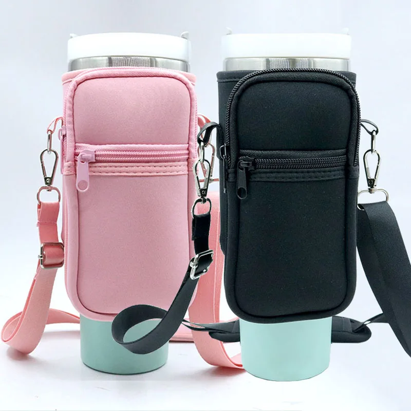 Factory Custom Logo New Design Neoprene Water Bottle Bags With Keys Chain 40oz Car Cup Holder With Pockets