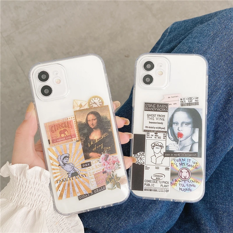 Hot Sale Funny Mona Lisa Pattern Phone Case for iPhone 13 Spoof Funny Label Style Transparent Cover for iPhone 12/11/7/8/X/XR/XS