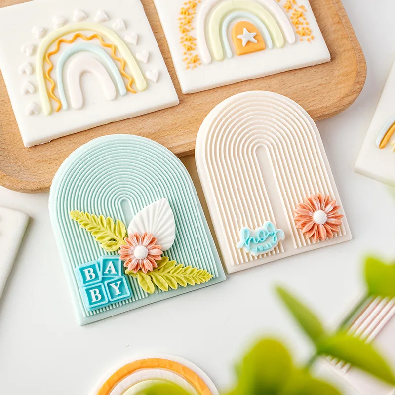 2024 Rainbow Wedding Arch Plastic 3D Custom Cookie Cutters Acrylic Fondant Embosser Stamp for Baking