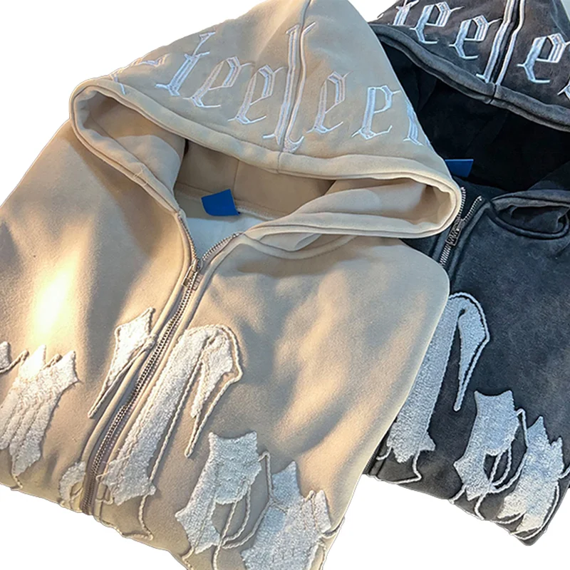 Oemsportswear No String Cotton zip up Hoodie Chenille Custom Embroidery Men Acid Washed Drop Shoulder Hoodie