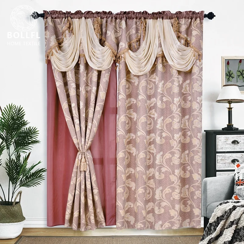 
Grey Fancy Jacquard Curtain with Attached Valance and Tassels Decoration on the Top for Living Room or Cafe 