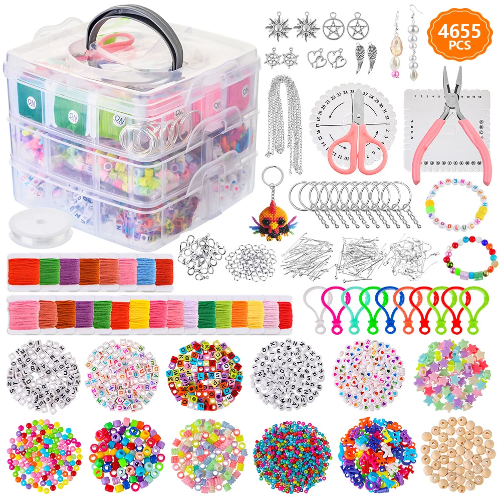 Hobbyworker 3-layer 4655Pcs Beads Charms Findings Beading Wire Jewelry Making Kit Supplies For Bracelets Necklace Earrings