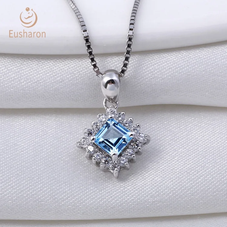 
Fashion Party Gift Jewelry S925 0.6ct Natural Swiss Blue Topaz Square Gemstone Pendant For The Bride 