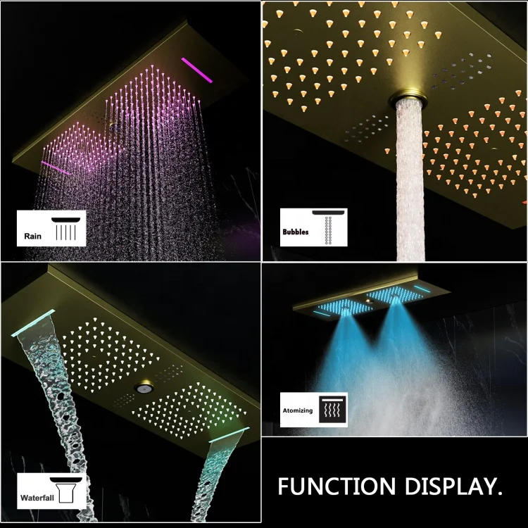 Bathroom 36*12inch LED Big Ceiling Shower Head Brushed Gold Shower System Thermostatic Shower Faucet Set With Music Speakers