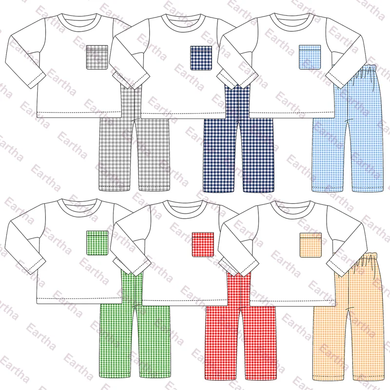 children boys clothing sets monogram baby boys t-shirts and gingham pants sets winter kids clothes wholesale
