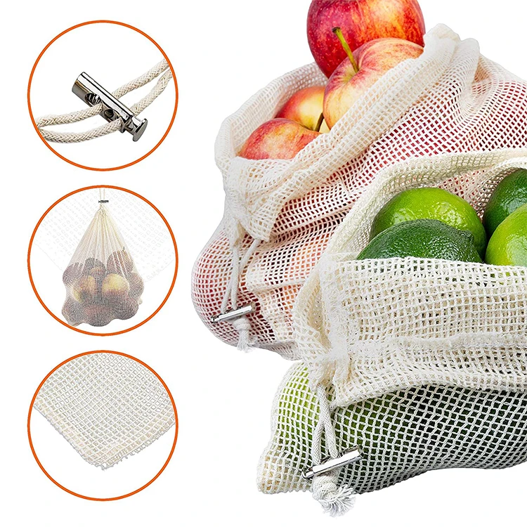 Hot Sale Eco Friendly Reusable 100% Organic Cotton Mesh Bag Shopping Grocery Mesh Net Bags For Vegetables and Fruits