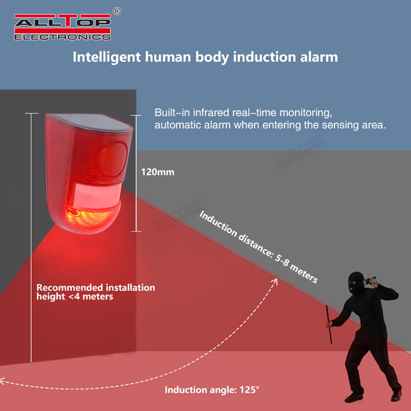 Cheaper price PIR motion sensor outdoor wireless security alarm system 129db loud siren solar home alarm security wall light