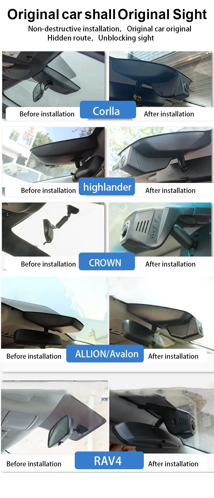 OEM style Hidden Wifi App Night Version Dash Cam  for Toyota Camry RAV4 Avalon Highlander Corolla IZOA