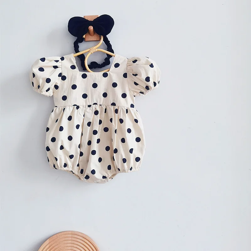1 Pcs Custom Label DOT Cotton Romper Summer Newborn Infant Toddler Clothes Girls Baby Short Romper