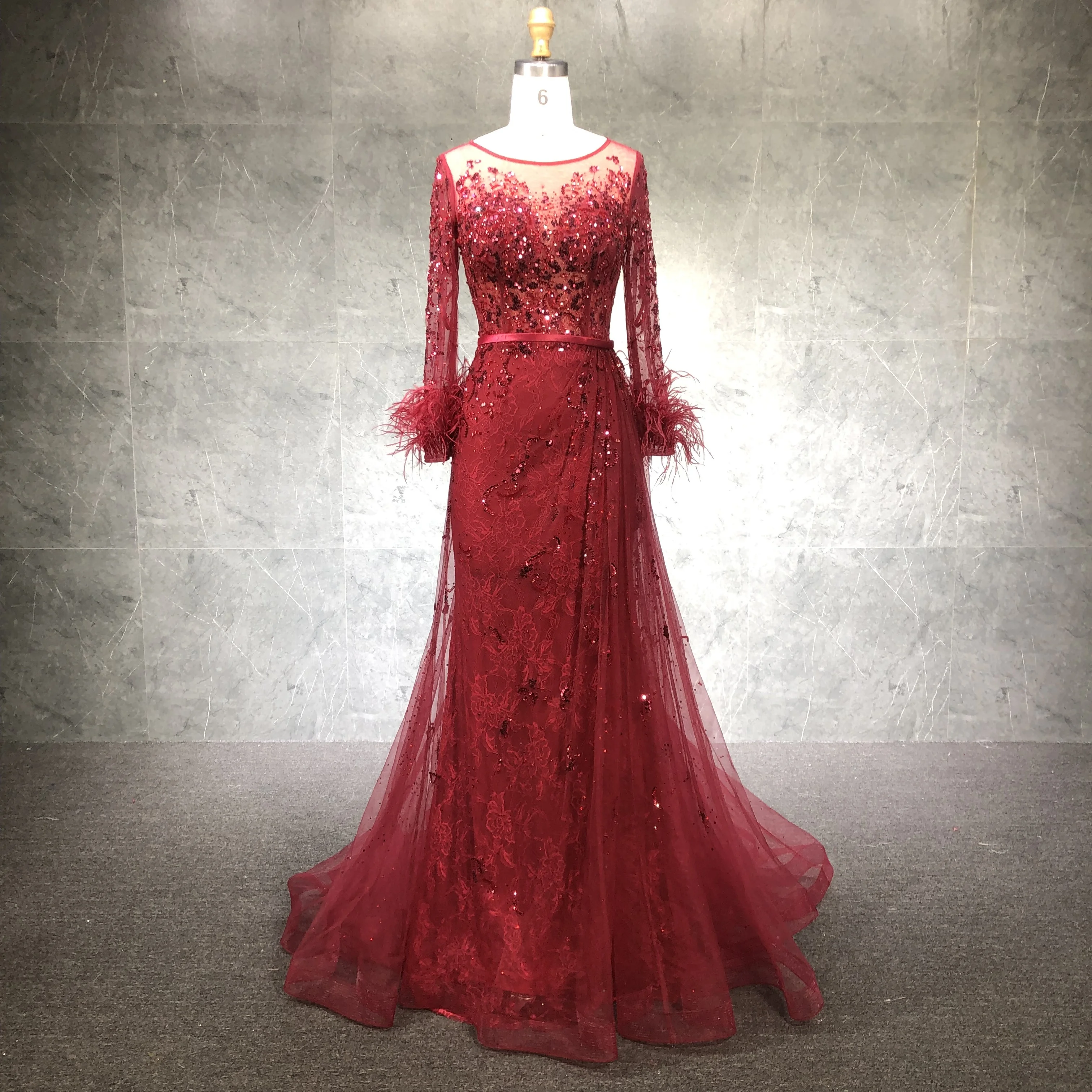 Champagne Long Sleeve Dress Beaded Feather Long Dress Elegant  Party Evening Gowns For Women