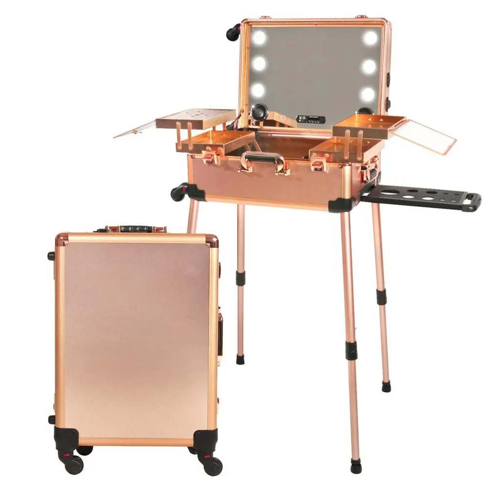 Makeup Train Suitcase with Built-in Lights & 3 Light Colors & Wheels-Professional Artist Trolley Studio Free Standing