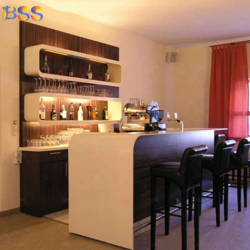 Home Bar Supplier Prefabricate Hot Sale Nice Exclusive OEM Premium L Sharp Wood Marble Home Bar With Wall Wine Shelves