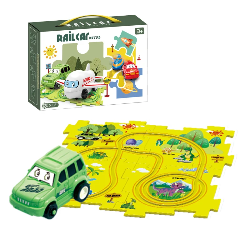Puzzle Plastic DIY Assembly Jigsaw Track Airplane Toy Mini Cartoon Rail Car Sets Kids Electric Track Vehicle Toys