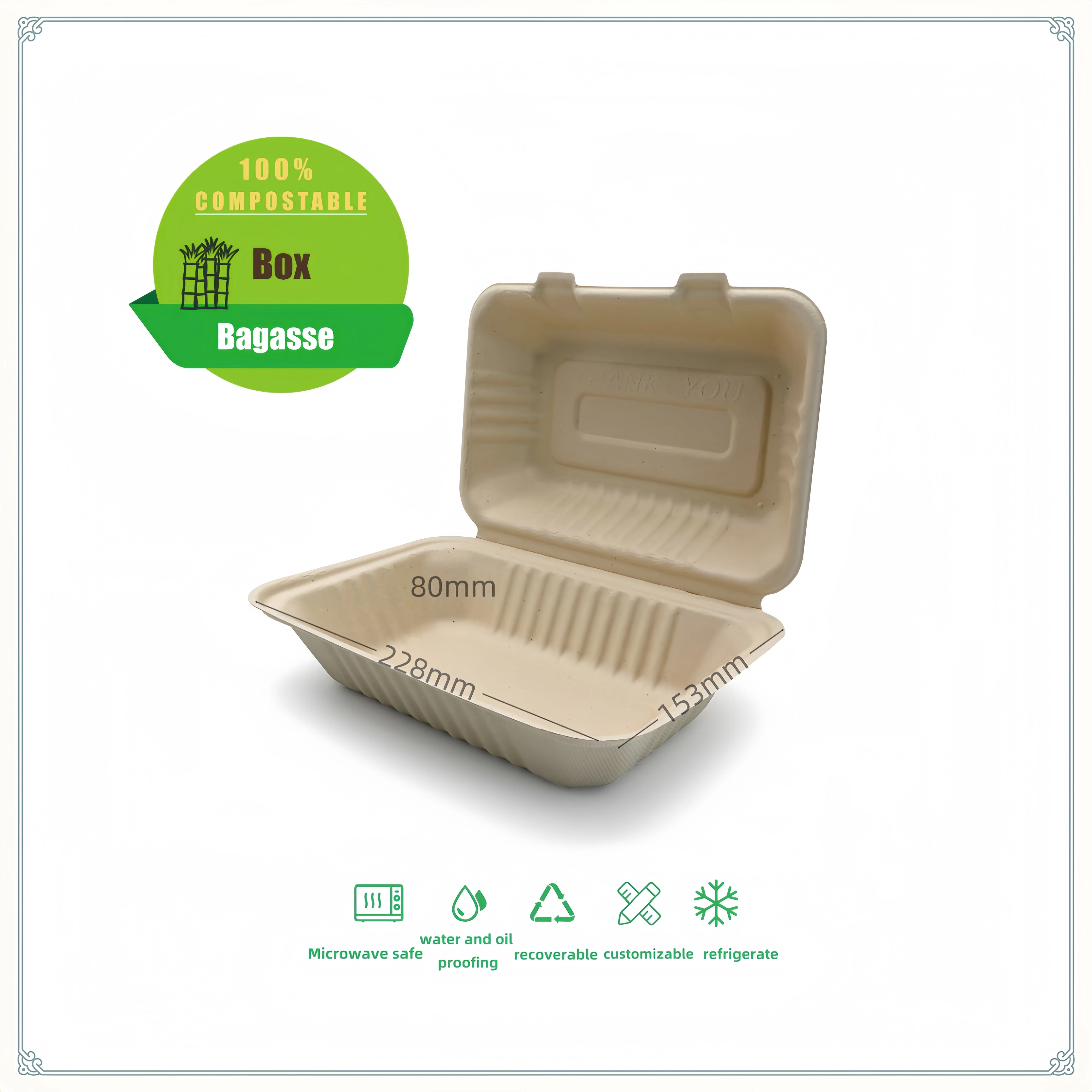 Compostable Disposable Sugarcane Bagasse Tableware Food Container Clamshell Lunch Boxes