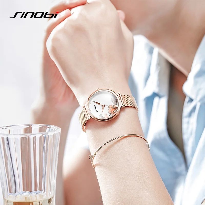Sinobi Vintage Small Dial Women Quartz Watches Luxury Steel Bracelet Rose Gold Ladies Watch For Party Mesh Stainless Steel Band