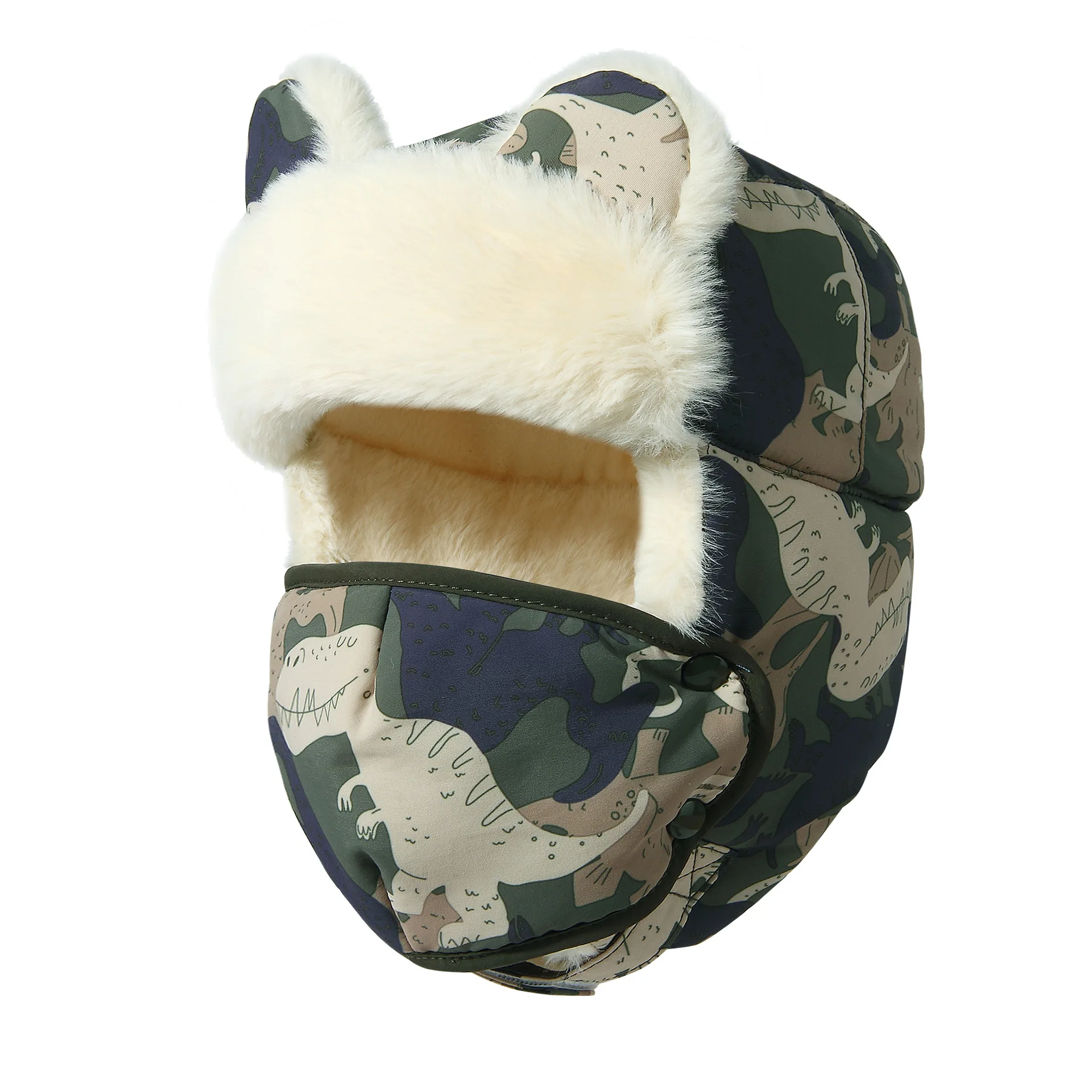 Wholesales Rabbit Kids Outdoor Winter  Furry Warm Trapper Trooper Hat Waterproof Sherpa Earflap Fur Russian Pilot Hat with Mask