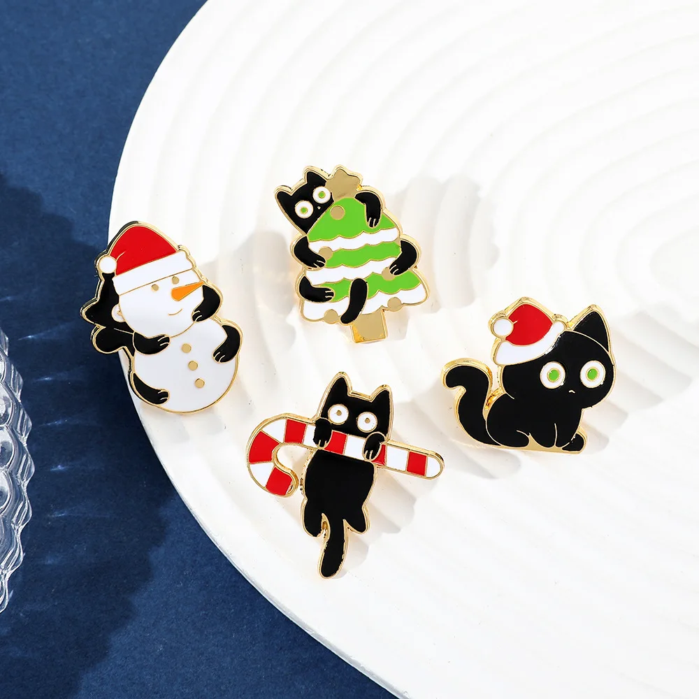 Christmas style small black cat kitten hugging Christmas tree alloy enamel pin badges
