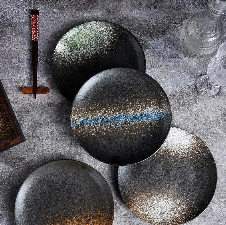 Japanese Retro Custom Dinner Porcelain Dinnerware Brown Ceramic Dessert Plate Pottery Dish Plate Sets For Wedding Party