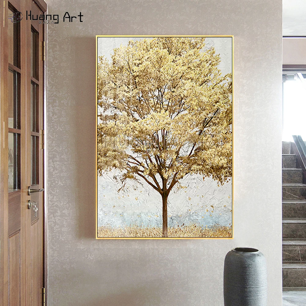Hand Painted Golden Tree Oil Painting on Canvas Modern Abstract Rich Tree Painting for Living Room Decor Foil Gold Picture