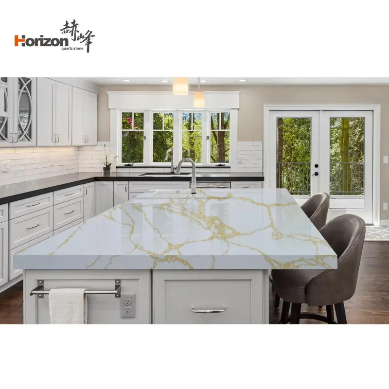 Horizon calacatta, белая кварцевая плита, сборная кварцевая каменная столешница