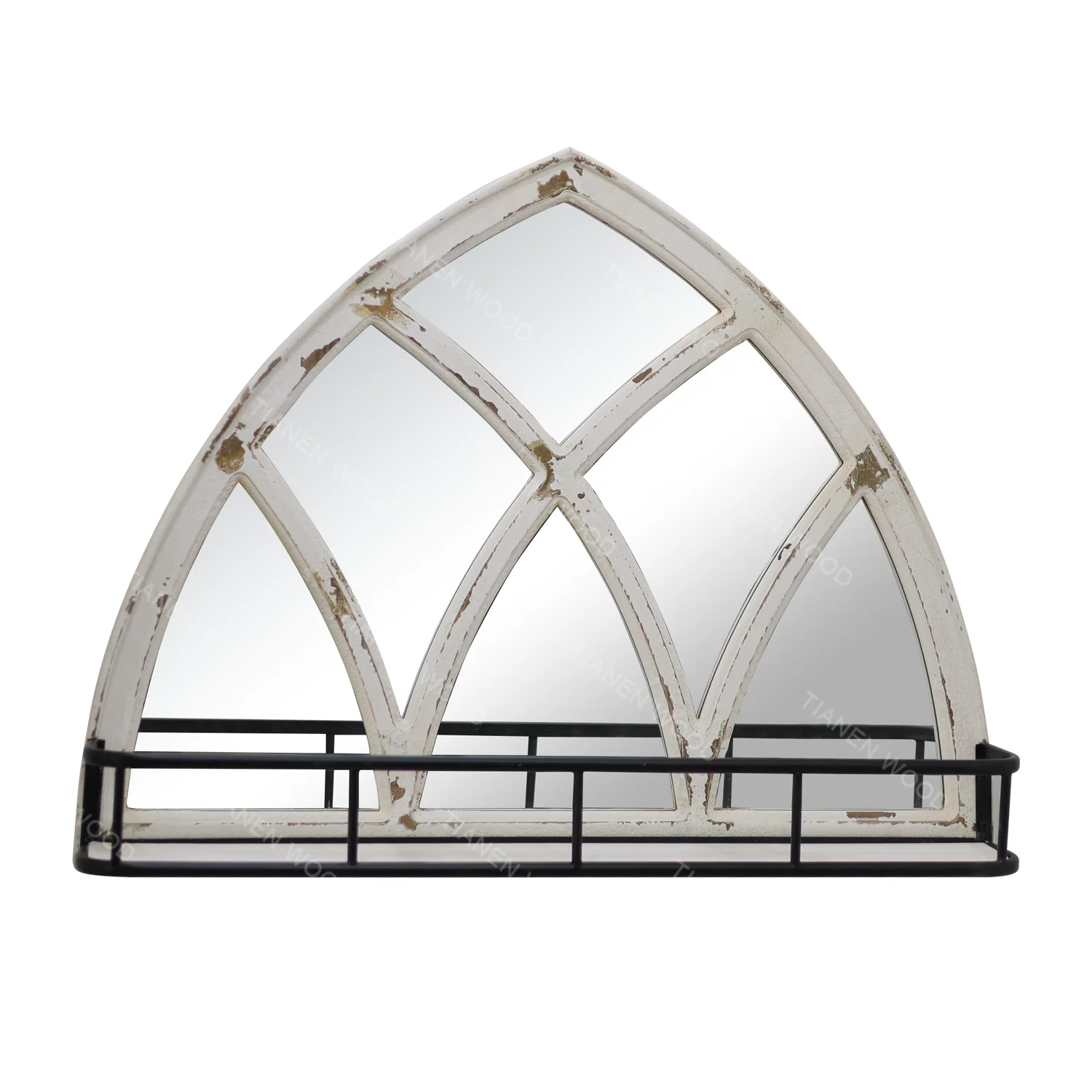 Multi Panel Wood Distressed Window Mirror Wood Hanging Bathroom Glass Arched wood frame mirror