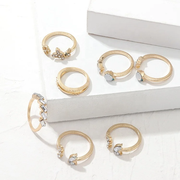 Women White Rhinestone Geometric Open Knuckle Rings Set Bohemian Gold Color Crystal Butterfly Ring Adjustable