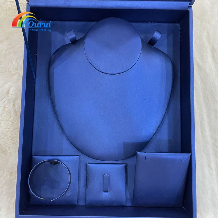 OEM new design luxury high quality brushed leather box hot sale custom logo blue pu leather box ring necklace bangle boxes set