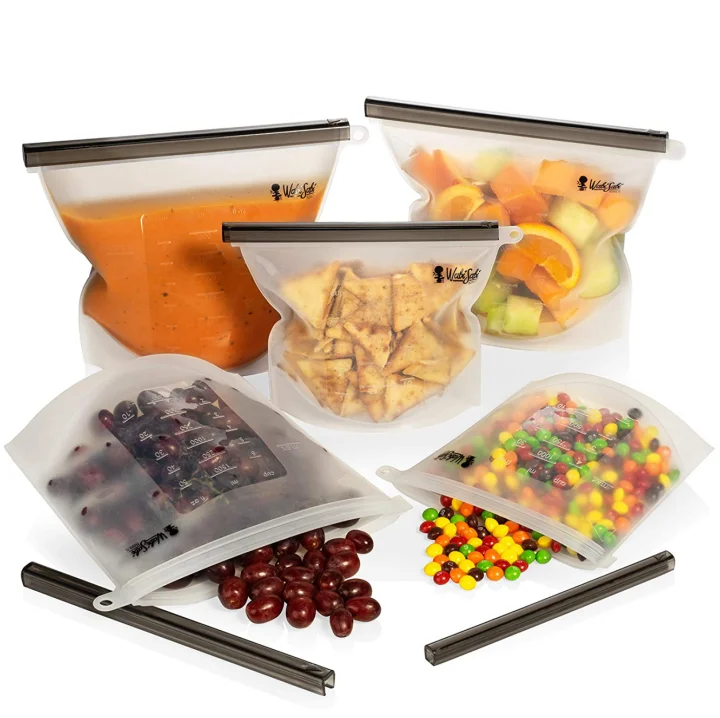 Wholesale OEM Logo Reusable Silicone Food Storage Preservation Freezer Zipper Lock Bag for Milk Fruits Vegetables Fish Bag Set