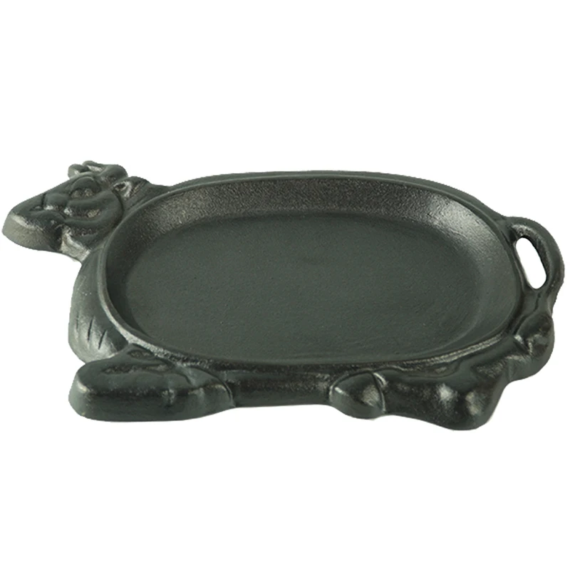 Hot Selling Dish Pan Cow Shaped Cast Iron Sizzling Steak Plate With wooden base Fajita Pan