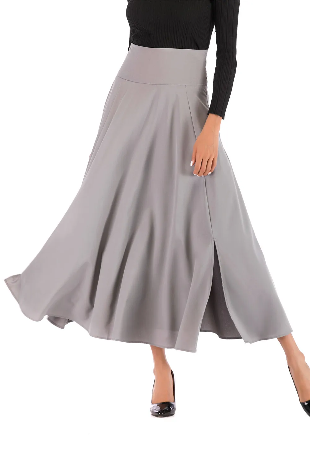 High Waist Pocket Skirts Womens Spring Split Side Fashion Long Pleated Skirt With Belt Casual Ladies Saia Longa Gray E8601