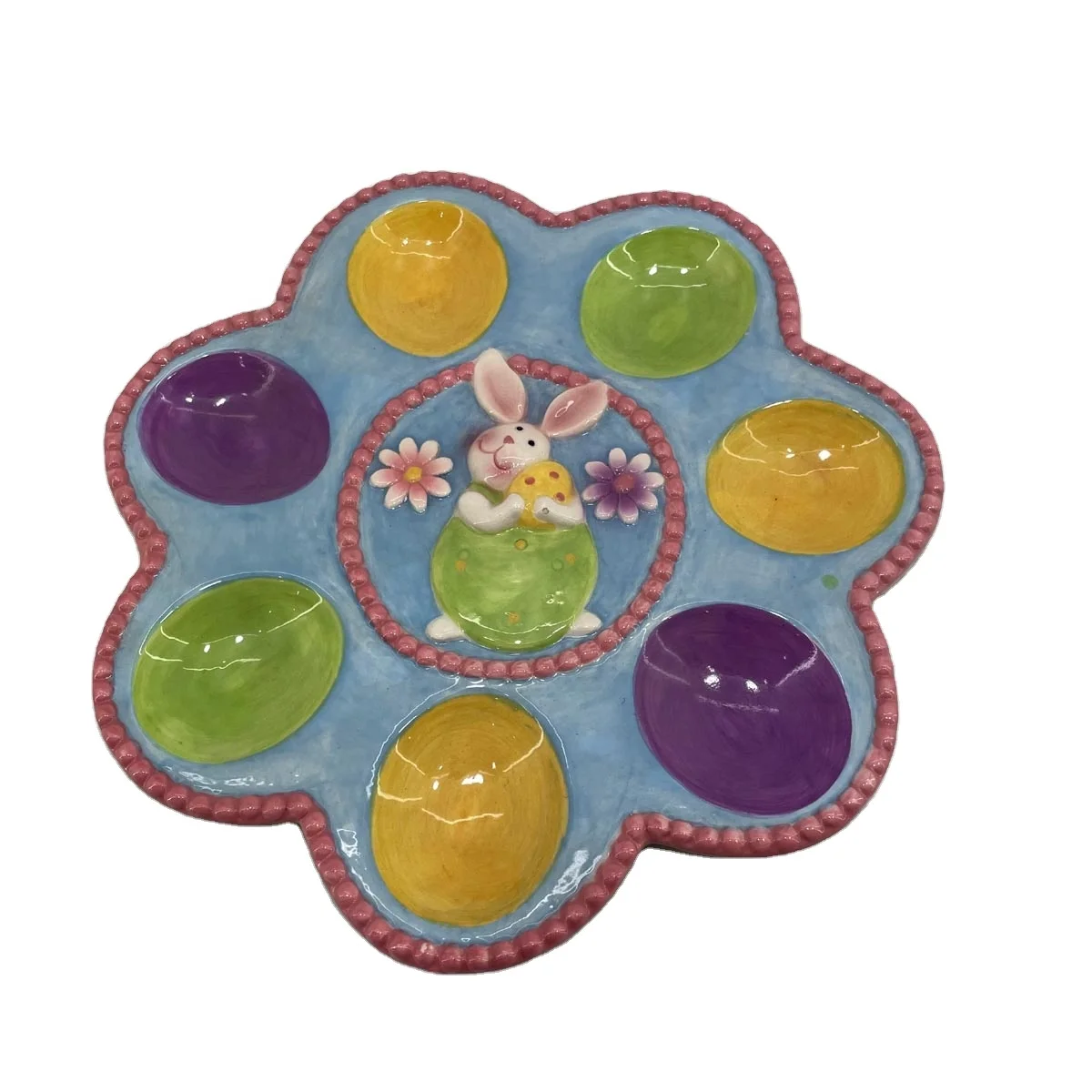 Flat ceramic egg platter with rabbit decoration