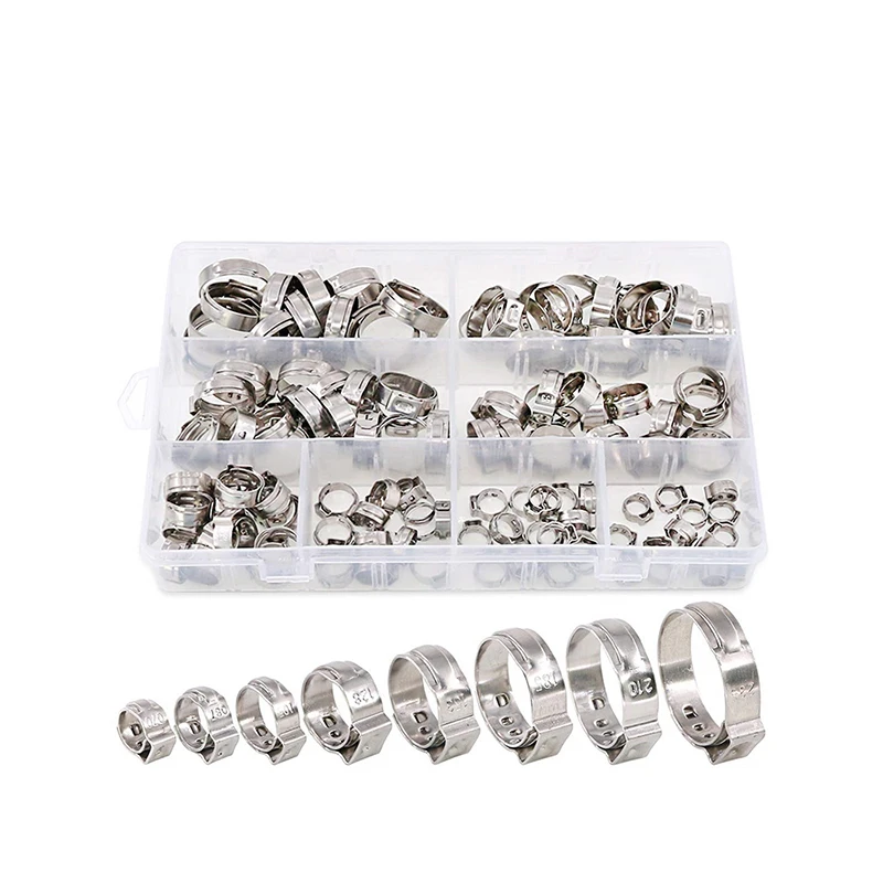 120pcs 8 Size Stainless Steel Single Ear Hose Clamps Assortment Kit Ear Cinch Rings Crimp Pinch Fitting Tool for Automotive Home