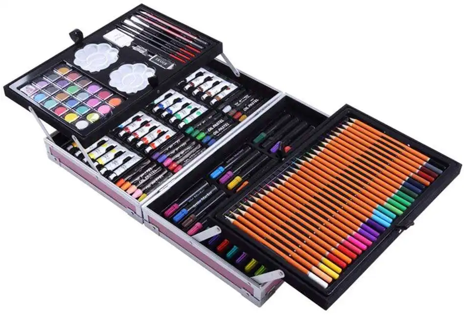 Bview Art 145-Pieces 2 Layers Oil Pastel Marker Watercolor Paint Colored Pencil Deluxe Children Art Set With Aluminum Box
