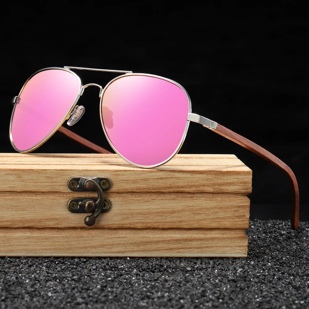 Latest Fashional 100% UV Protection metal frame with wood temple sunglasses with wooden glasses box