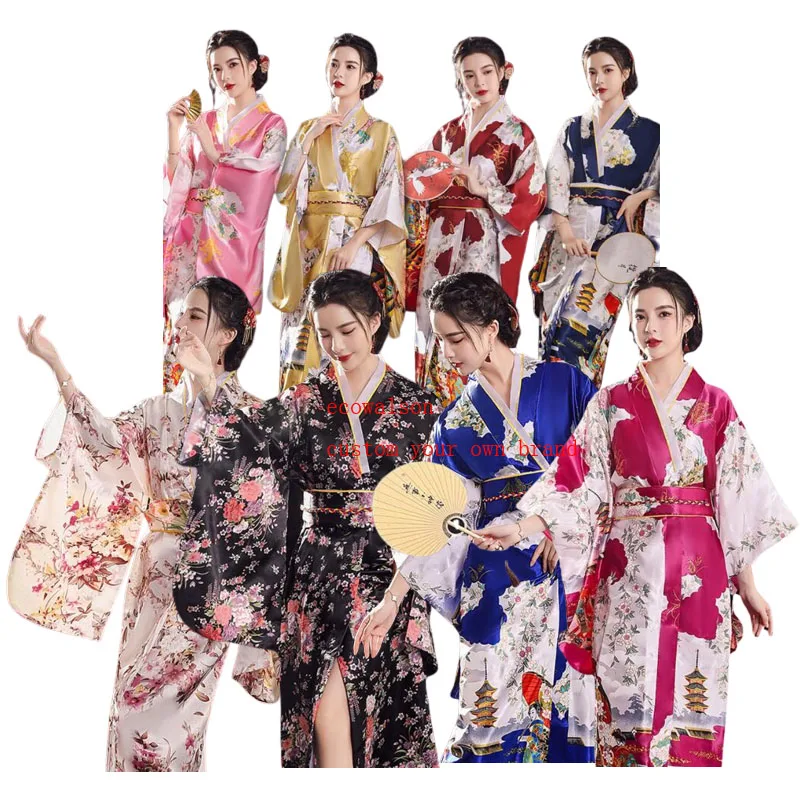 ecowalson  Harajuku Oriental Japanese Style Sleepwear for Women Girls Red Long Robe Loose Sexy Pajamas Home