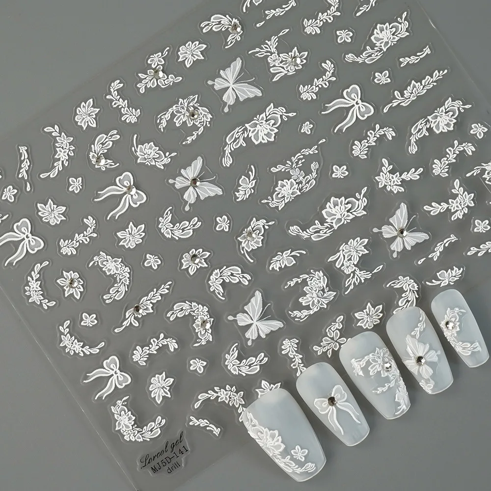 Nail supplies Custom 3D/5D French White Flower Nail stickers Embossed Adhesive DIY Warp Polish Manicure Accessories decorations