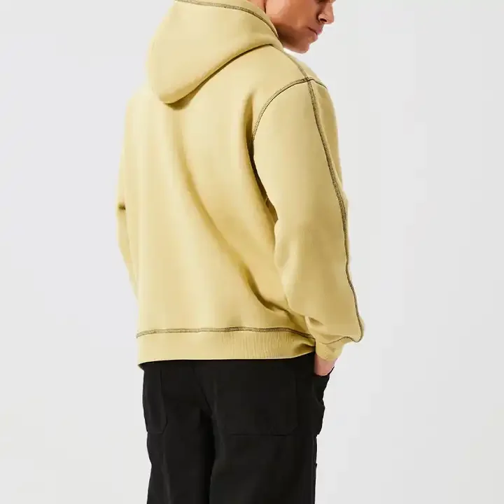 Wholesale High Quality 500gsm Heavyweight Fleece Relaxed Fit  Mens Drop Shoulder Contrast Stitch Hoodie With String