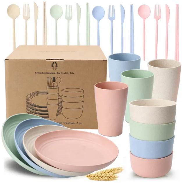 Hot Sale 28 PCS /Set Good Smell Biodegradable Lightweight And Unbreakable Wheat Straw Tableware Set