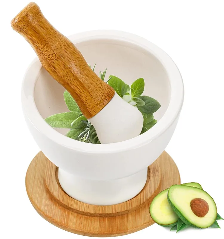 Mixing Grinding Bowl Non Slip Bamboo Tray Grinder Kitchen Cooking Tool Spice Herb Pesto Guacamole Ceramic Mortar And Pestle