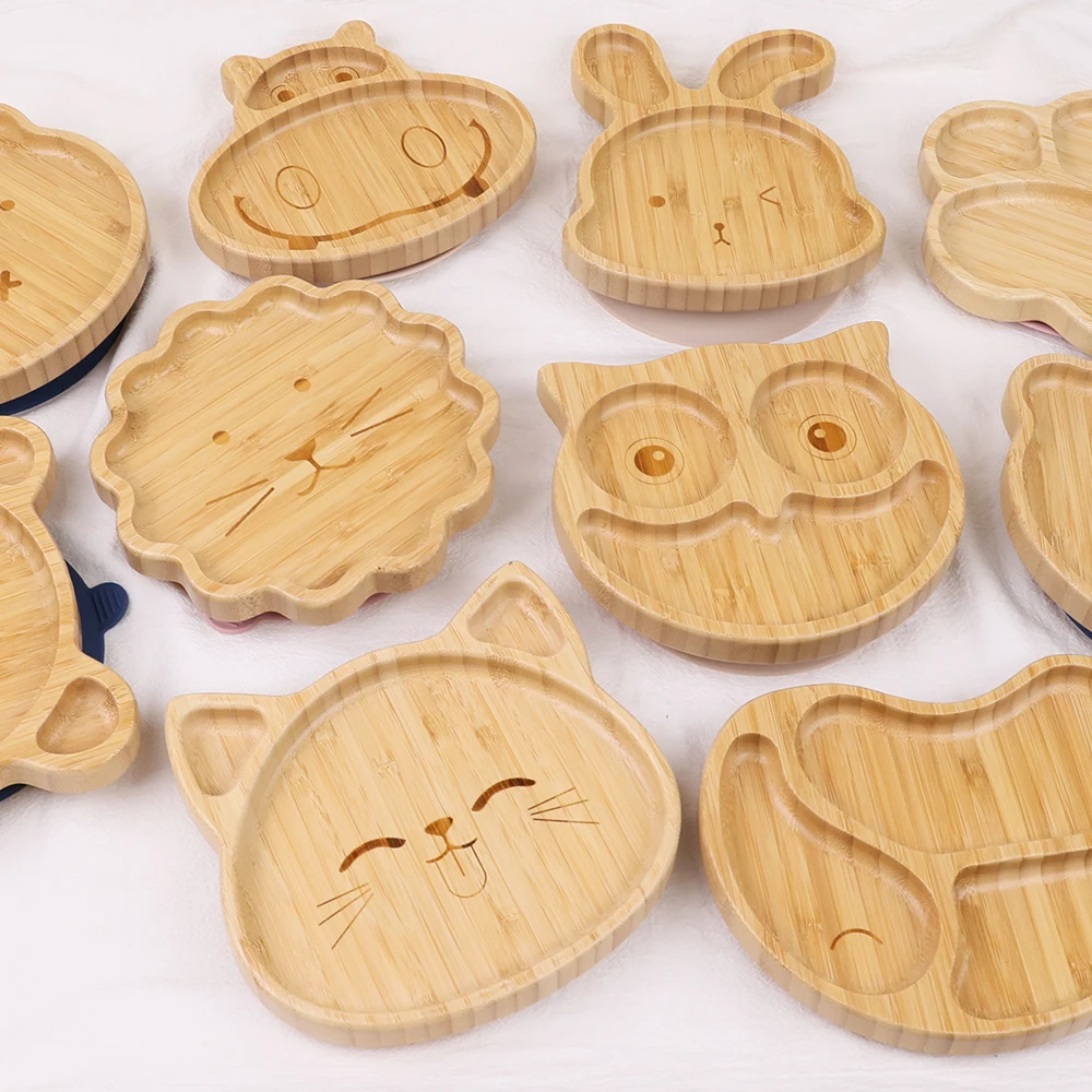 New Product Idea 2024 Cartoon Animal Bamboo Baby Suction Plate Bowl Set Wooden Plates Bowl Set for Kids Dinner Tableware