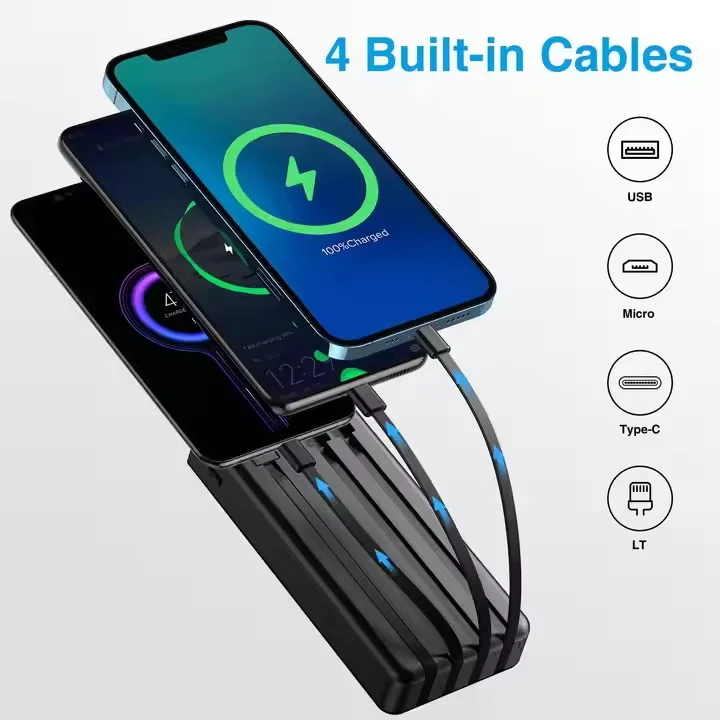 Hot 30000MAH Solar Power Bank Built-In 4-Wire With Dual USB Ports Fast Charging LED Digital Display With Camping Lights