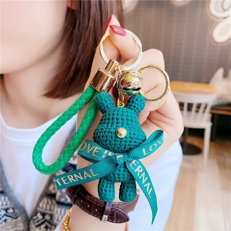 Wholesale Cute Bear Key Chain Resin Bow Bell Rabbit Keychain Car Key Ring For Girls Gift Weaving Fashion Doll Bag Keychain