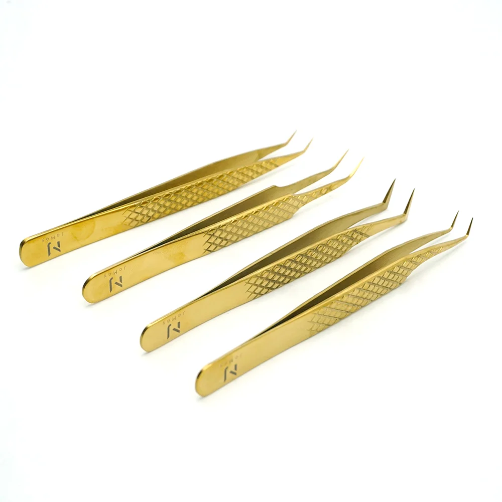 gold eyelash tweezers  fiber tip custom logo tweezer diamond grip  private label box for lash extension stainless steel