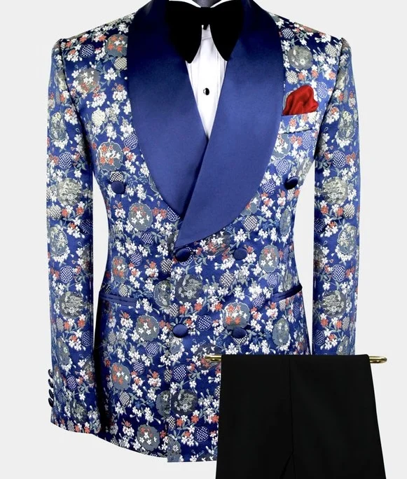 Custom Prom Suit Classic Wedding Men Tuxedo Double Breasted Navy Blue Floral Tuxedo 3 Piece Men Suits