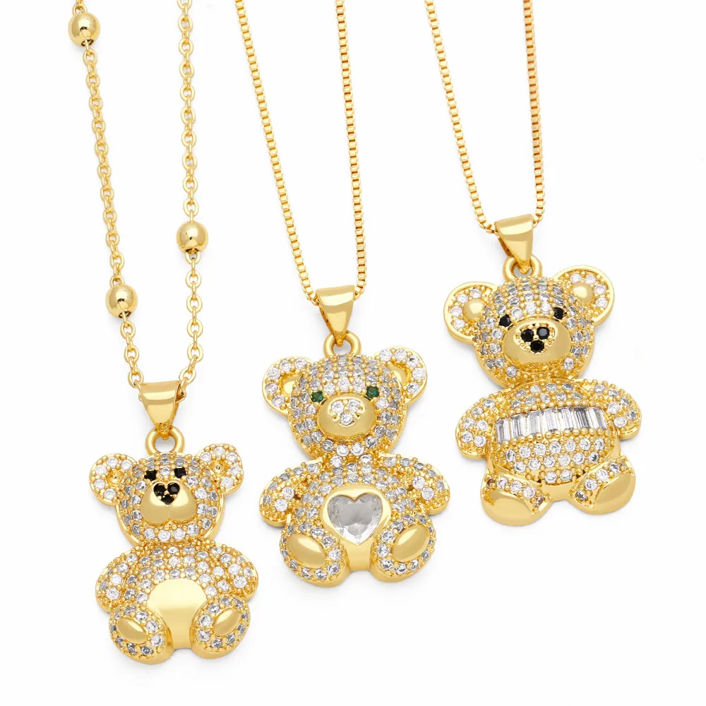 Pink Gold Plated Candy Steel Gummy Teddy Bear Set Full Of Diamonds Jewelry Charm Pendant Necklace With Chain