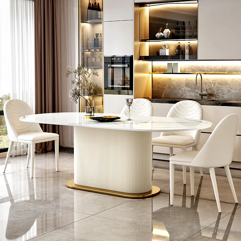 Italian minimalist cream style light luxury Round Table Rock board dining table and chair combination  Round Rock board table