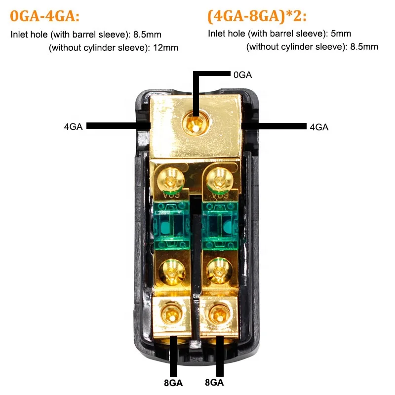 AUDIO Copper 0/4 Gauge to 4/8 Gauge 60 Amp Mini ANL 2 Way Fuse Holder Distribution Block